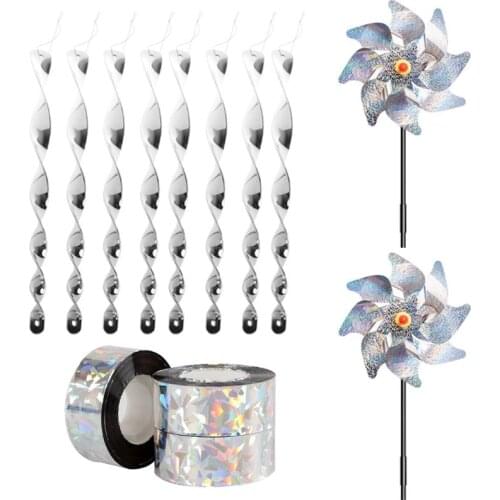13 Pieces Bird Repellent Devices 8 Pieces Spiral Reflective Scare Rod, 3 Rolls Bird Scare Tape, 2 Pieces Scare Reflective Pinwhe