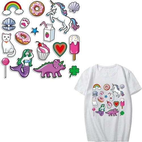 Cute Animal Patch Set Iron on Unicorn Dinosaur Mermaid Cat Patches for Kids Clothing DIY Applique Stripes on Clothes Heat Press