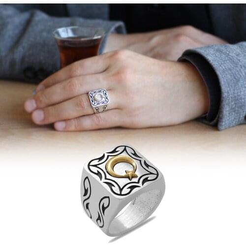 Tesbihane Square Design the Moon the stars Themed Custom Color 925 Sterling Silver Men 'S Ring