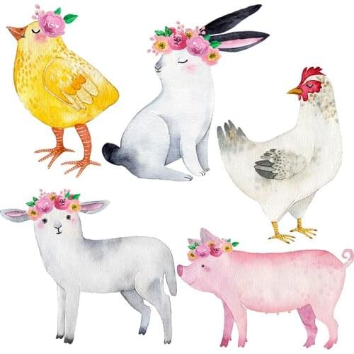 Three Ratels QCF20 Warm watercolor Farm small animal rabbit goat chicken pink piglet wall stickers for children home decoration