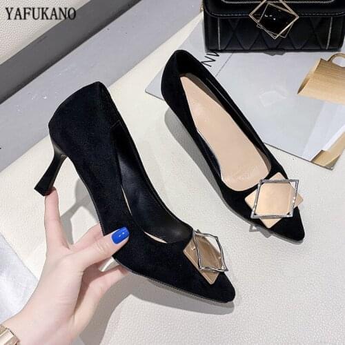 Sexy Pumps Pointed Toe Suede Thin Heel Women Shoes Fashion Metal Buckle Party Dress Shoes Black Beige Work Shoes Plus Size 33-43