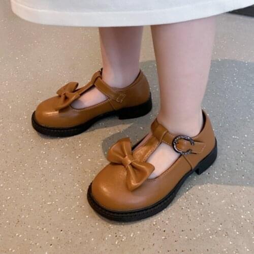 British Style Fashion Ladies Shoes T Strap Leather Shoes For Girls Childern Mary Janes Casual Solid Bow Buckle Strap Kid Flats
