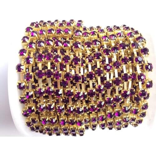 High Quality Crystal Rhinestones 10 yards/roll Amethyst SS6 to SS38 Gold Base Sew On Rhinestone Chain
