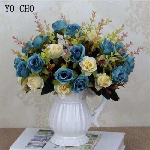 YO CHO Artificial Flower Autumn 10 Heads Silk Rose Wedding Bouquet Flowers Blue Pink Home Party Decoration Wedding Accessories