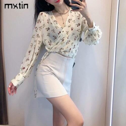 2021 Women Vintage Spring Floral Print Blouses Fashion Cross V Neck Bow Tie Office Ladies Chic Blouses Japan Shirts Blusas Tops