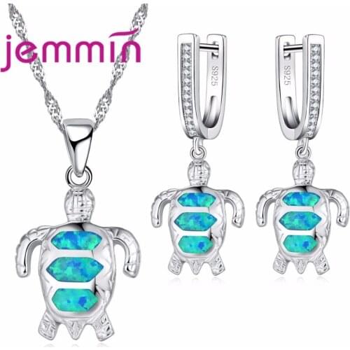 New Jewelry 925 Sterling Silver Sets For Women Blue Fire Opal Stone Pendants Necklaces Dangle Earrings Set Jewelry