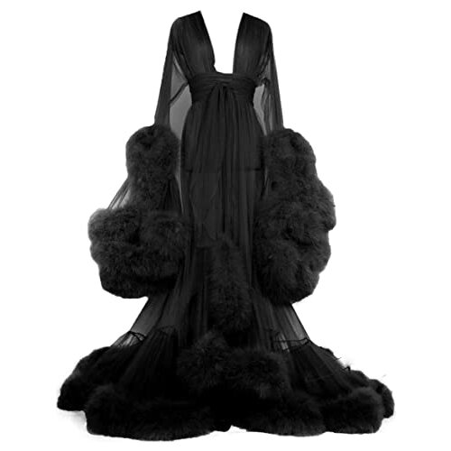BathGown Womens Feather Edge Tulle Illusion Long Bridal Robe Wedding Scarf New Custom Made Fur Winter Kimono Pregnant Dress