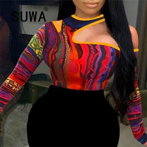 Side Hollow Out Off Shoulder Long Sleeve Women Top Tunic 2020 New Product Tie Dye Sexy Party Night Club Sweatshirt Shirt