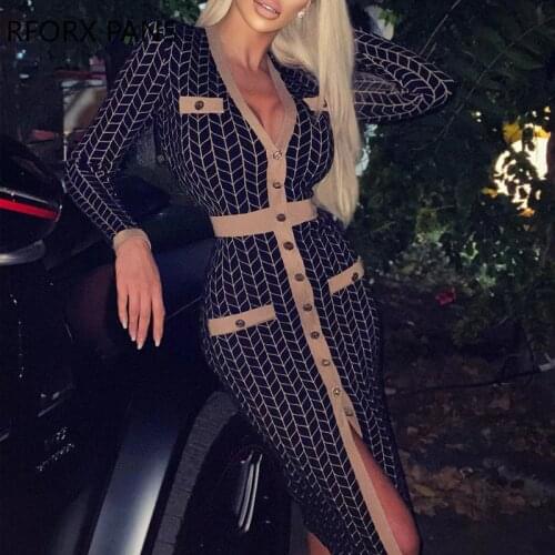 Women Button Design Geometry Print Slit Midi Dress Long Sleeve Bodycon Dress Casual Dress Elegant Dress