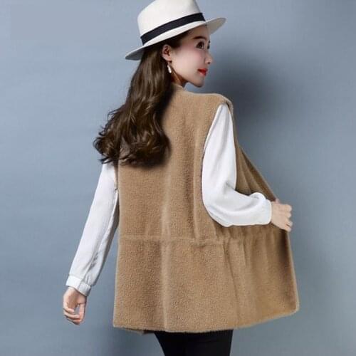 2021 Spring Autumn Imitation Mink Vest Coat Cardigan Womens Vest Waist Short Hair Girl Leisure Student College Khaki