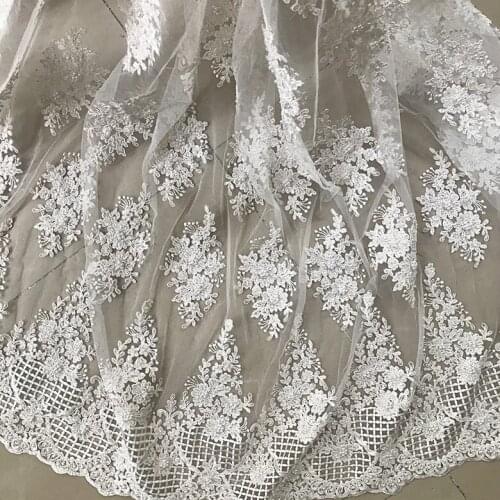 1Y/Lot Off White beaded car bone lace fabric DIY Craft material clothing dress transparent lace fabric