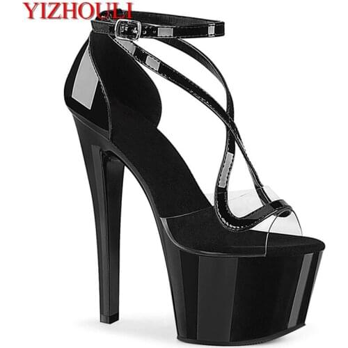 17 cm Roman sandals with cross strap, 7 inch lacquered soles, transparent vamp, model pole dancing exercises, dancing shoes