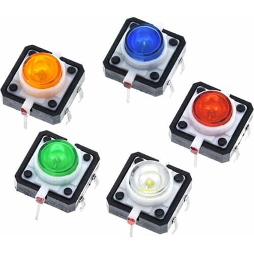 Free Shipping 100PCS Tact Switch 12*12mm illuminated touch switch Multicolor Reset button Reset switch with LED