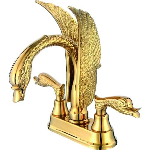Free ship Swan Sink Faucet mixer tap Brass PVD ti- Gold 4" Center Hole swan handles