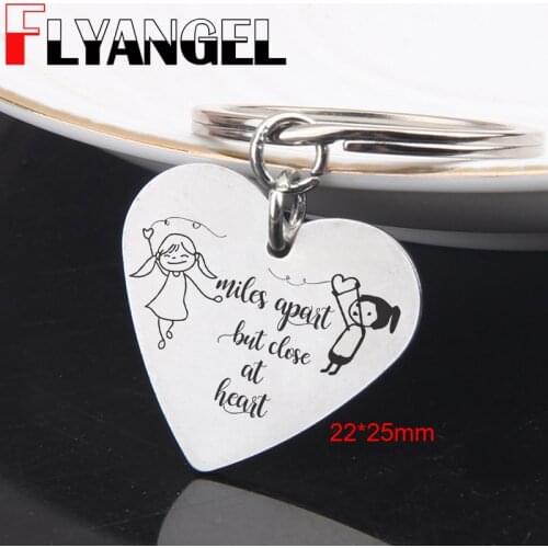 FLYANGEL Heart Keychain Best Friends Keyring Engraved Miles Apart But Close At Heart Lng Distance Sister Friends Key Tag Gifts