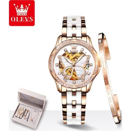 OLEVS Women Mechanical Watches Fashion Ceramics/ Leather Strap Watch Reloj Muje Top Luxury Brand Waterproof Ladies Dress Clock