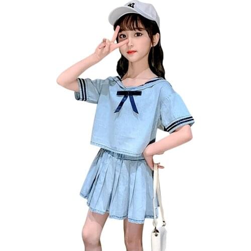 Teen Girls Clothing Denim Tshirt + Skirt Girls Clothing Summer Girls Sets Clothing Casual Style Kids Clothing 6 8 10 12 14