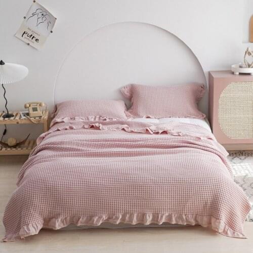 Elegant Waffle Lace Edge Throw Blanket Cozy Cotton Bedding Cover Blanket Summer Home Travel Gauze Towel Blanket