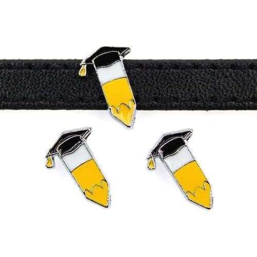 8mm Doctorial Hat Pencil Slide Charms Flat Hole Enamel Beads Keeper Fit 8mm Stainless Steel Mesh Bracelets DIY Jewelry Making