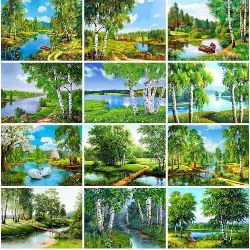 Huacan Diamond Embroidery Mosaic White Birch Tree 5D DIY Full Square Diamond Painting Spring Landscape Kit Home Decor