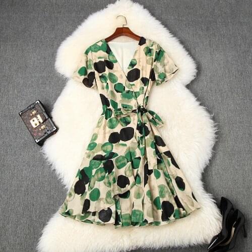 And American womens European wear 2021 summer new style Short sleeve V-neck polka dot print falbala Fashionable dress