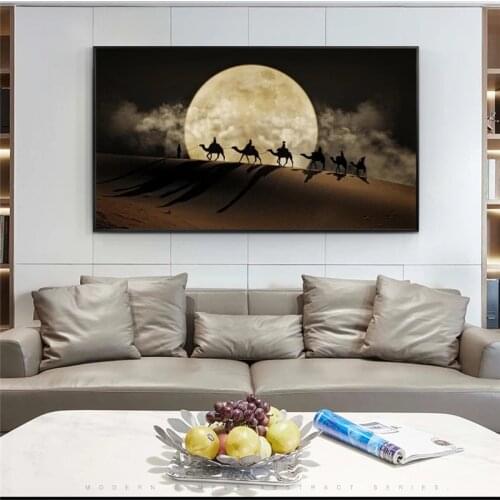 Canvas Painting Wall Decor Desert Moon Night Scene Wall Art Posters and Prints Camel In The Desert Canvas Art Pictures Landscape