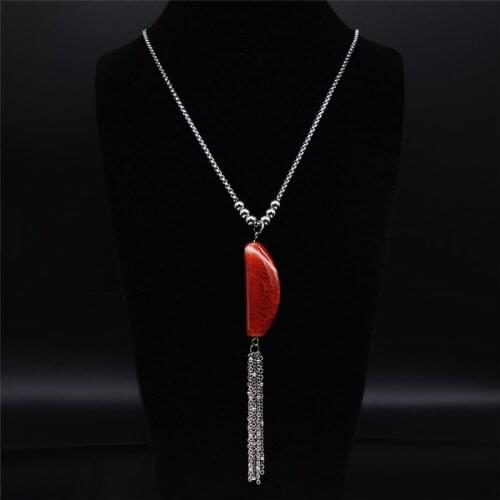 Red Natural Stone Stainless Steel Long Necklaces Pendants Women Silver Color Tassel Necklaces Jewelry cadenas mujer NG74S04