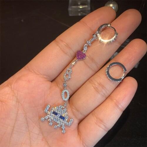 New Asymmetric Micro-set Zircon Space Retro Robot Earrings Long Small Monster Ear Buckle Long Tassel Love High-end Jewelry Women