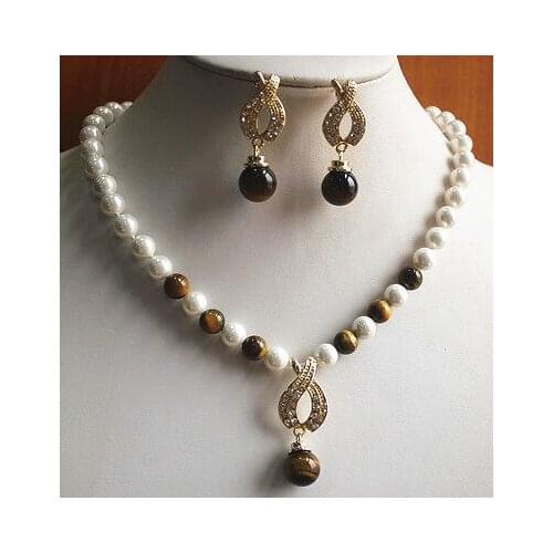 Hook Women charming 8mm white shell pearl/tiger eye stone earring necklace jewelry set