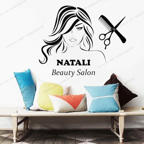 Custom Name Wall Decals Beauty Hair Salon Decor Logo Lettering Scissors Art Fashion Vinyl nail salon wall sticker Design yw-89