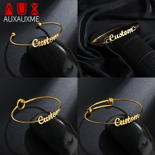 Auxauxme Custom Name Adjustable Bracelets for Adults Childs Stainless Steel Personalized Nameplate Bangle Jewelry Birthday Gifts