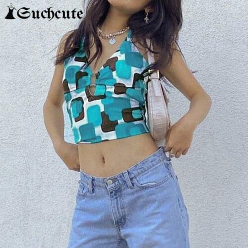 SUCHCUTE Bule Plaid Print Y2K Tops Sexy Women Hollow Out Halter Crop Camis Slim V Neck Casual Sleeveless Girl Vest Streetwear