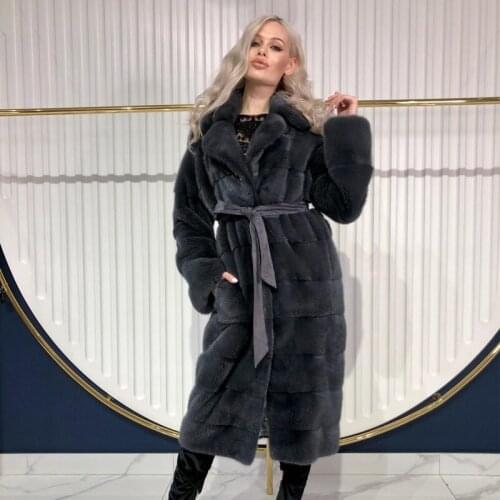 BFFUR Fashion Real Fur Natural Mink Fur Coat Womens Winter Coats Long Length Lapel Collar Belt High Quality Feminine Overcoat