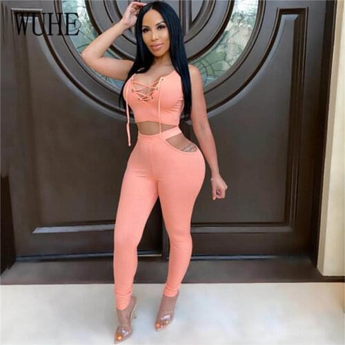 WUHE Two Piece Set Tracksuit Women Birthday Party Outfits Lace Up Crop Top and Long Pant Set Streetwear Sexy 2 Piece Clubwear