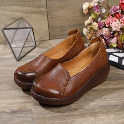 Spring Autumn Retro Wedges Sewing Platform Shallow Genuine Leather Women Pumps Slip-On Ladies Casual Lazy Shoes 0103