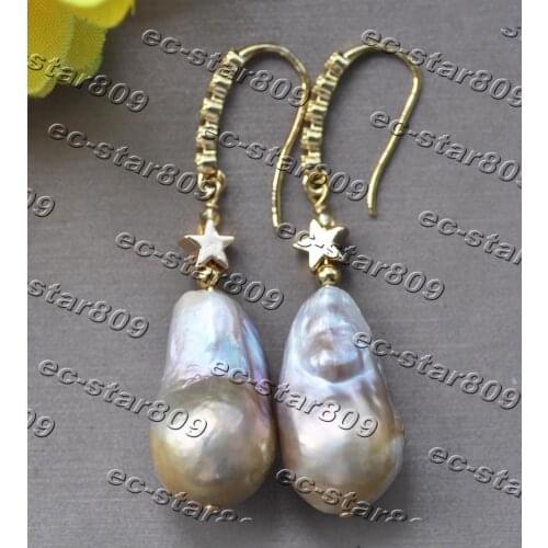 Z11347 23mm Gold-Lavender Drop Keshi Pearl Star Bead Dangle Earring CZ Women Fine Jewelry