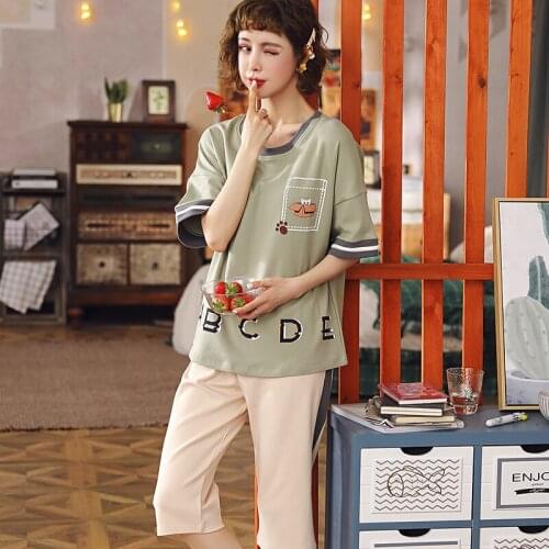 Calf-Length Women Sleepwear Cartoon Box Cats Kawaii Women Pajamas Set Round Neck Letter Summer Nightwear Comfort Cotton Homewear