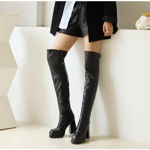 Square Toe Ultra-High Thick Heel Over The Knee Women’S Boots Waterproof Platform Comfortable Microfiber Fabric Short Plush Boots