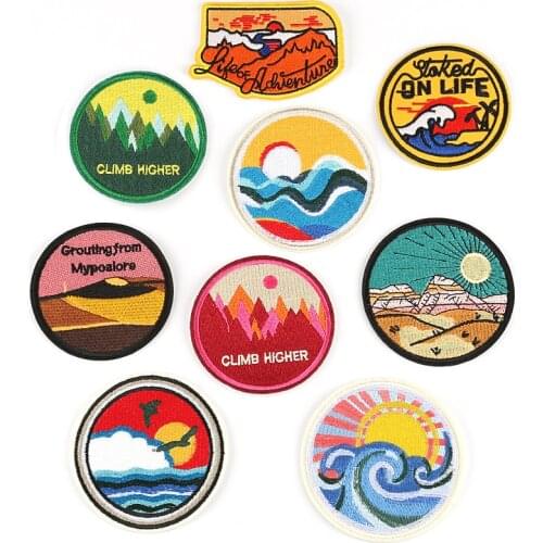 Sunset Badge Round Medal Travel Landscape Rocket Stranger Things Iron Patch for Clothing Punk Embroidered Patches On Clothes DIY