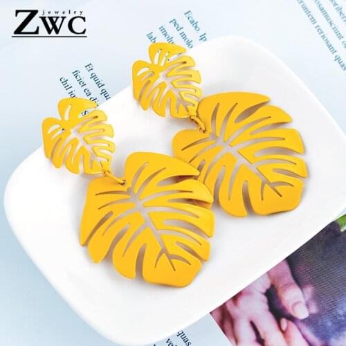 ZWC New Fashion Women Hollow Green White Yellow Tree Leaves Long Pendant Earring for Women Metal Drop Earrings Jewelry Wholesale