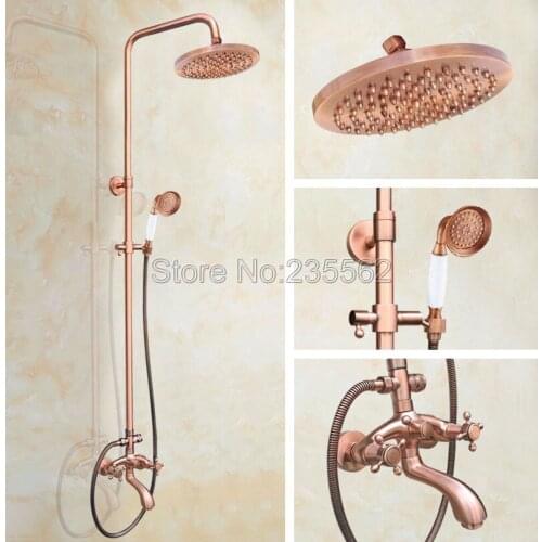 Antique Red Copper Wall Mounted Bathroom Rain Shower Faucet Set with Dual Cross Handle Bathtub Mixer Taps lrg506