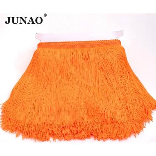 JUNAO Double Line! 20cm Long Orang Color Chinlon Fringe Tassel Lace Trim Ribbon Sewing Latin Dress Stage Clothes Curtain 10Meter