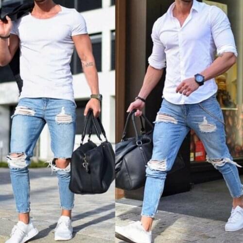 Cycling jeans 2019 New Slim Solid Color Mens trousers Mens Fashion Street Light feet pants Elastic pants More Sze S-4XL