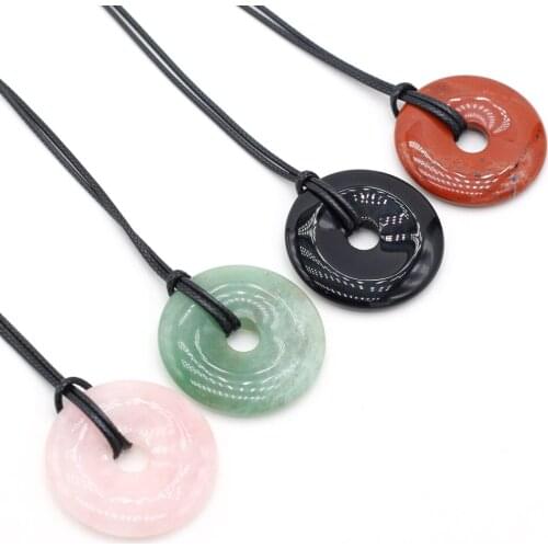 Natural Stone Round Semi-Hole Beads Agate Amethyst Tiger Eye Pendant Necklace Charm Jewelry for Romantic Gifts for Women 40x40mm