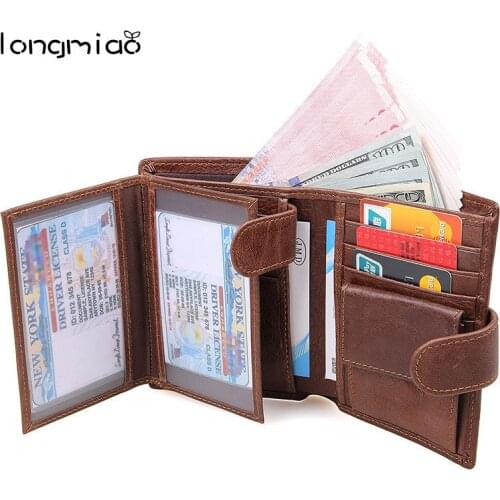 Longmiao Best RFID Blocking Credit Card Holder Wallet Genuine Leather Men Wallets with Coin Pocket RFID Protection Man Purses