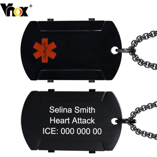 Vnox Free Customize Medical Necklace for Men,Stainless Steel ID Tag,Emergency Contact Disease Collar 24" Chain - Laser Back