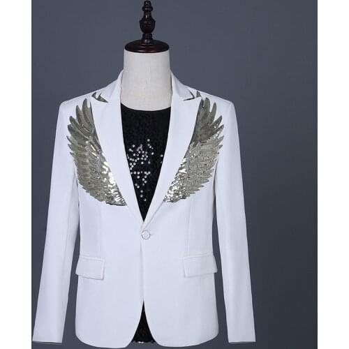 Korean Style Mens Wild Suit Sequins White blazer Slim One Button Jacket Gentlemen Nightclub Party Business Wedding Outfit