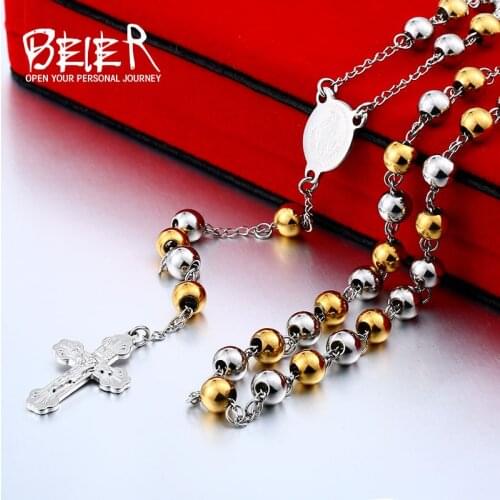 Beier 3colour Crucifix stainless steel Beads Jesus Cross Pendant Necklace Long Chain for man women Christian gift Jewelry BN1046