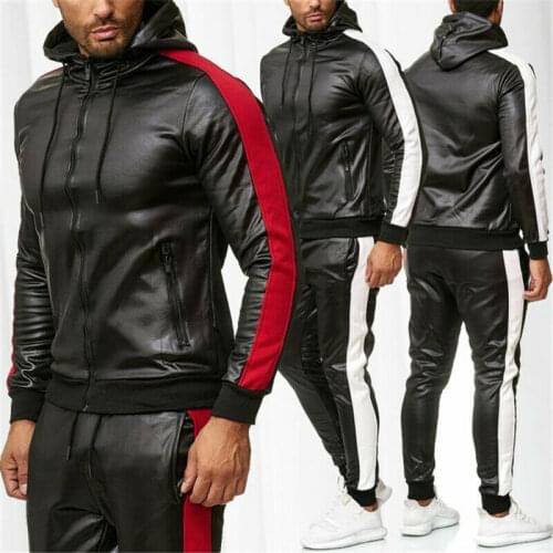 Mens PU Leather Tracksuit Jogging Coat Jacket Trousers Pants Sports Hoodie Set