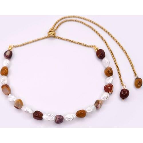 KBJW Original Vintage Unique Party Necklace Sliding Adjustable Necklace Natural Stone Real Pearl Stainless Steel Chain Jewelry